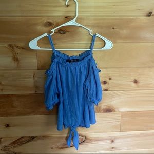 adjustable strap off-the-shoulder blue blouse